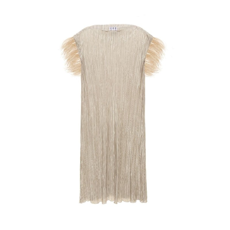 PLEATED BEIGE TUNIC DRESS WITH FEATHER DETAILS
