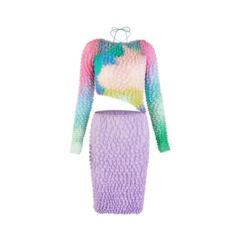 PRINTED POPCORN PLEATS ASYMMETRIC MIDI DRESS