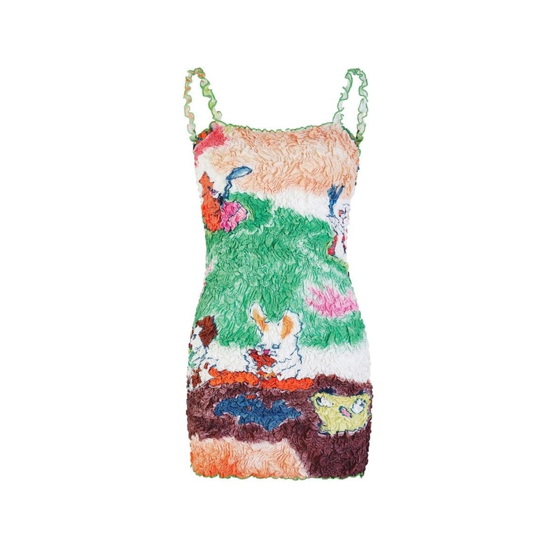 PRINTED SMOCKED SQUARE NECK MINI DRESS