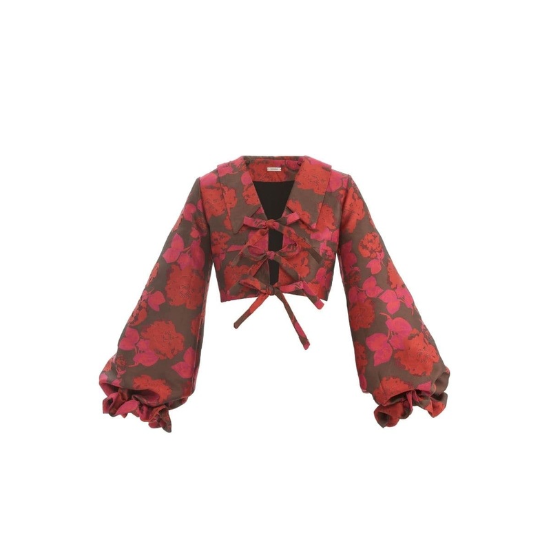RED FLORAL PRINT CROPPED BOW BLOUSE