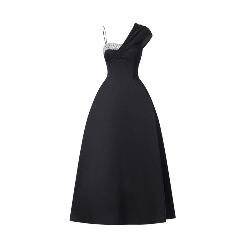 ASYMMETRIC CRYSTAL EMBROIDERED ONE SHOULDER MIDI DRESS