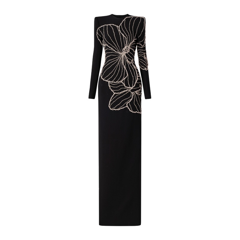 LONG SLEEVE ORCHID PATTERNED BODY-CON FULL DRESS