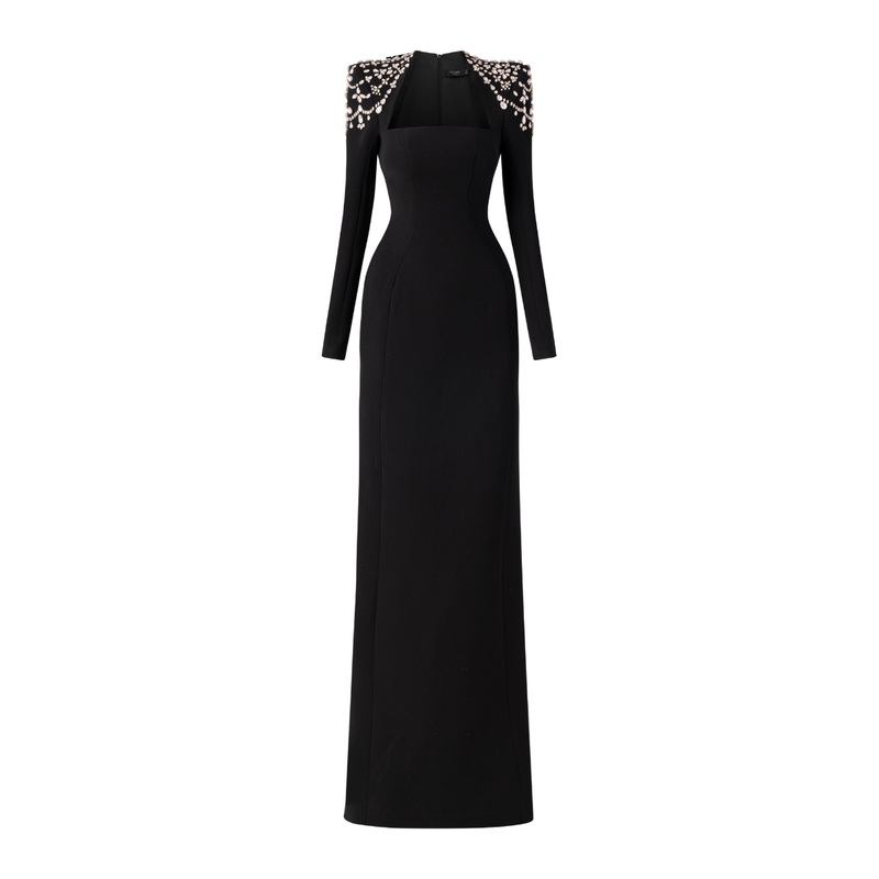 LONG SLEEVE TRAPEZOID NECKLINE BODYCON FULL DRESS