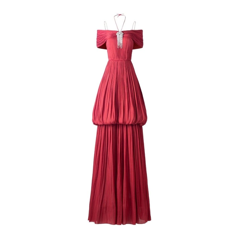 OFF-SHOULDER BUBBLE FLARE PLEATED FULL DRESS