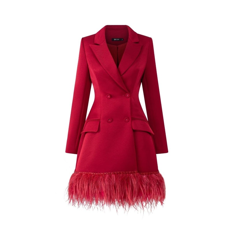 RED ROSA TAFFETA FEATHER BLAZER DRESS
