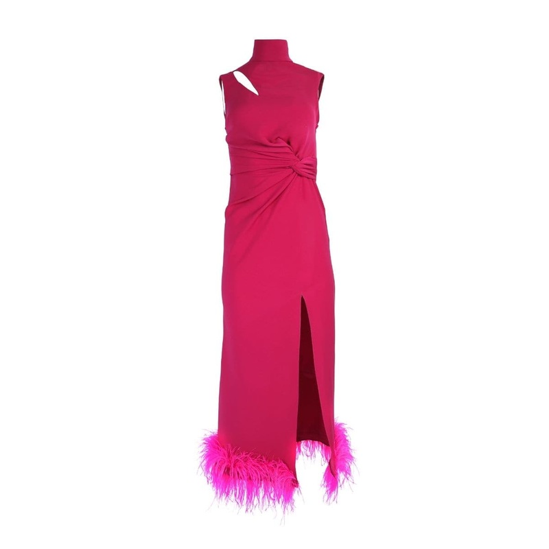 TWIST KNOT HALTERNECK FEATHER MIDI DRESS
