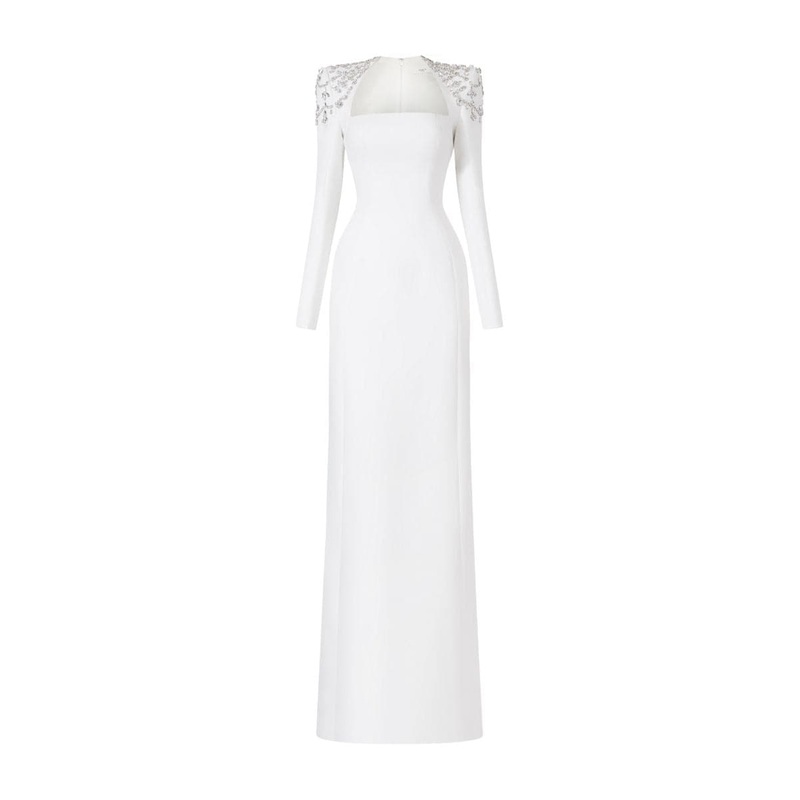 WHITE LONG SLEEVE TRAPEZOID NECKLINE BODYCON FULL DRESS