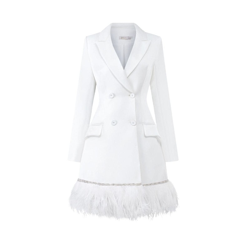 WHITE ROSA TAFFETA FEATHER BLAZER DRESS