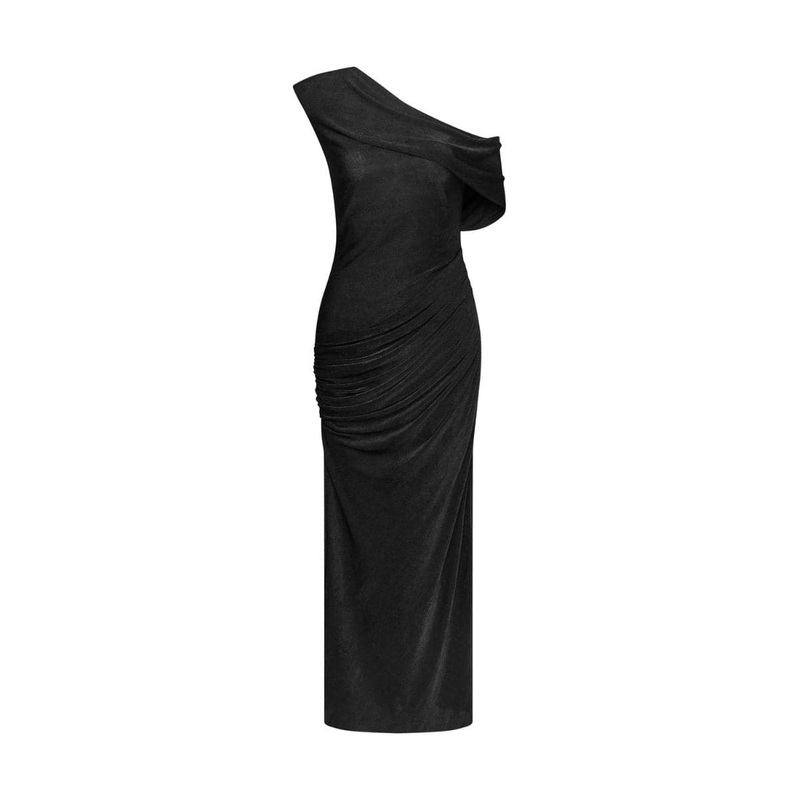 BLACK SLOPES OFF-SHOULDER MIDI DRESS