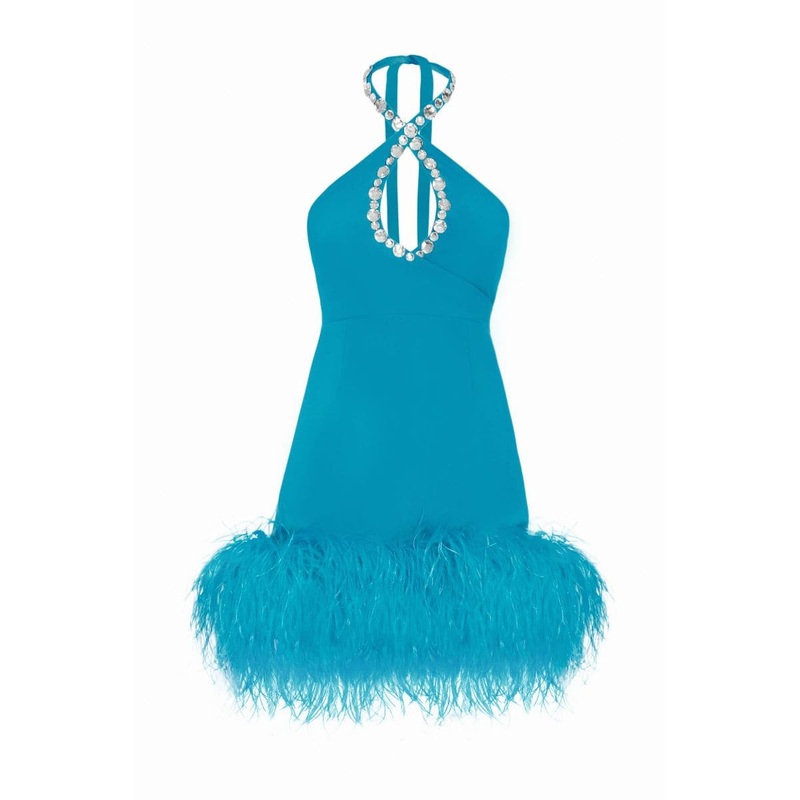 BLUE MIA FEATHER-EMBELLISHED CREPE MINI DRESS