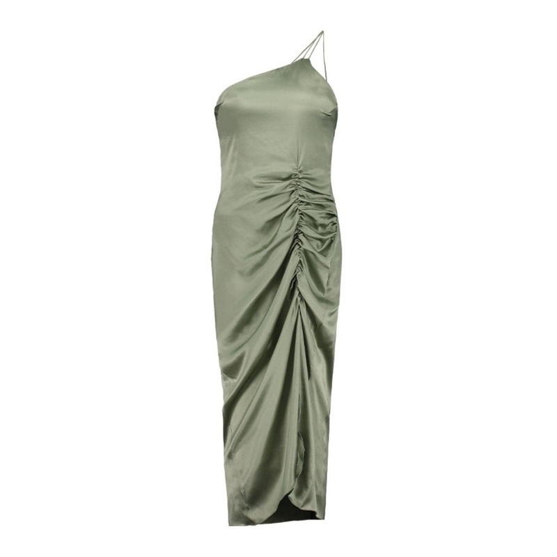 GREEN LILLY ONE SHOULDER SILK MIDI DRESS