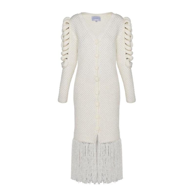 IVORY KNITTED SLEEVE FRINGE MIDI DRESS