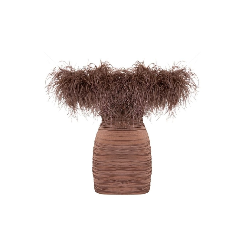 KAIA MOCHA FEATHER MINI DRESS
