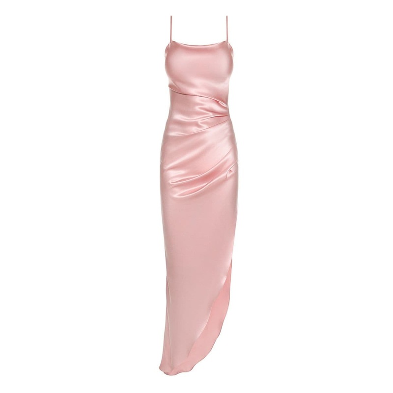 PINK SILK LONG DRAPED DRESS