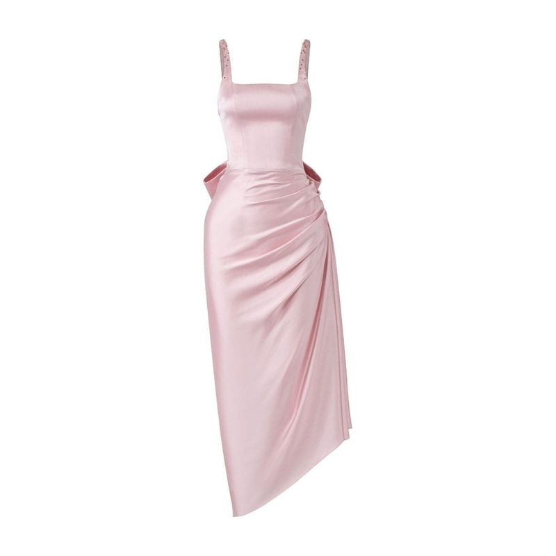 PINK ZURI SILK SATIN ASYMMETRIC EVENING DRESS