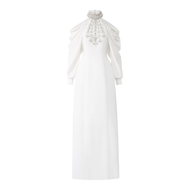 WHITE COLD-SHOULDER STONE EMBELLISHED FULL DRESS