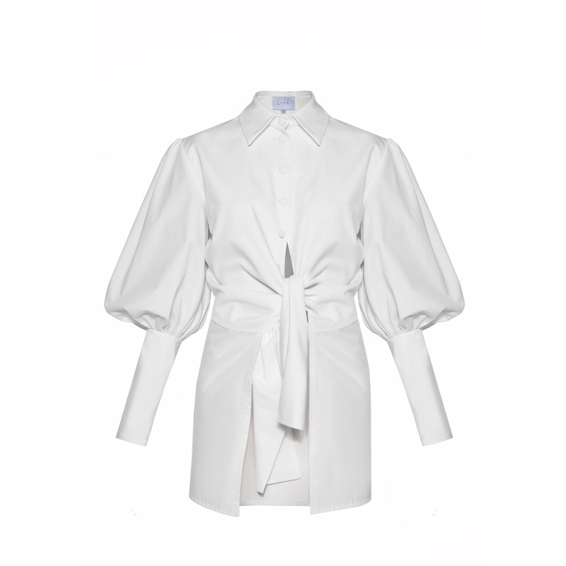 WHITE CUFFED SLEEVE FRONT TIE SHIRT