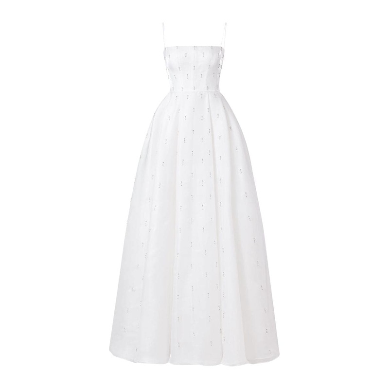 WHITE STRAPLESS STONE EMBELLISHED FULL DRESS