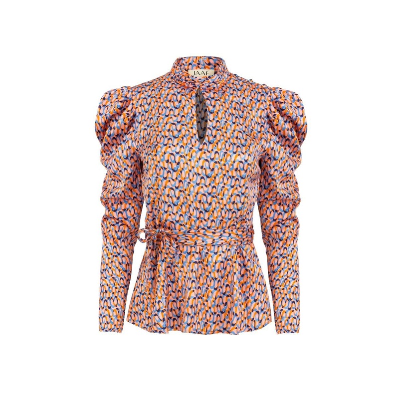 RED TURTLENECK PRINTED CUTOUT BLOUSE