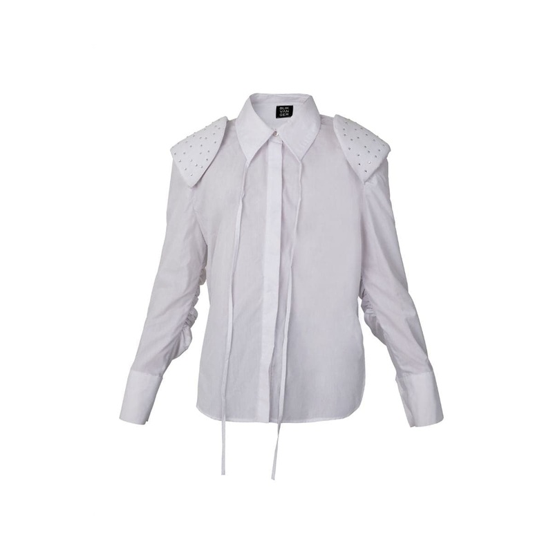 WHITE SHIRT WITH CRYSTAL SHOULDER PADS