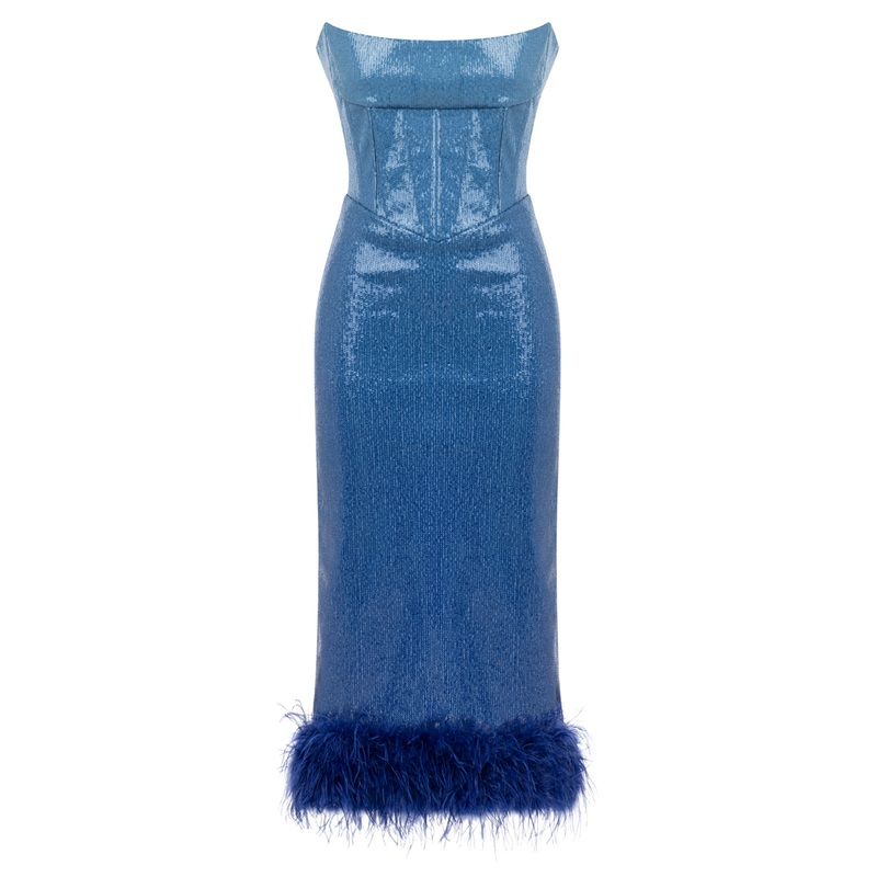 BLUE GRATIENT SEQUINED MIDI CORSET DRESS
