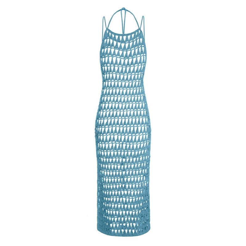 BLUE KNITTED MESH MIDI DRESS