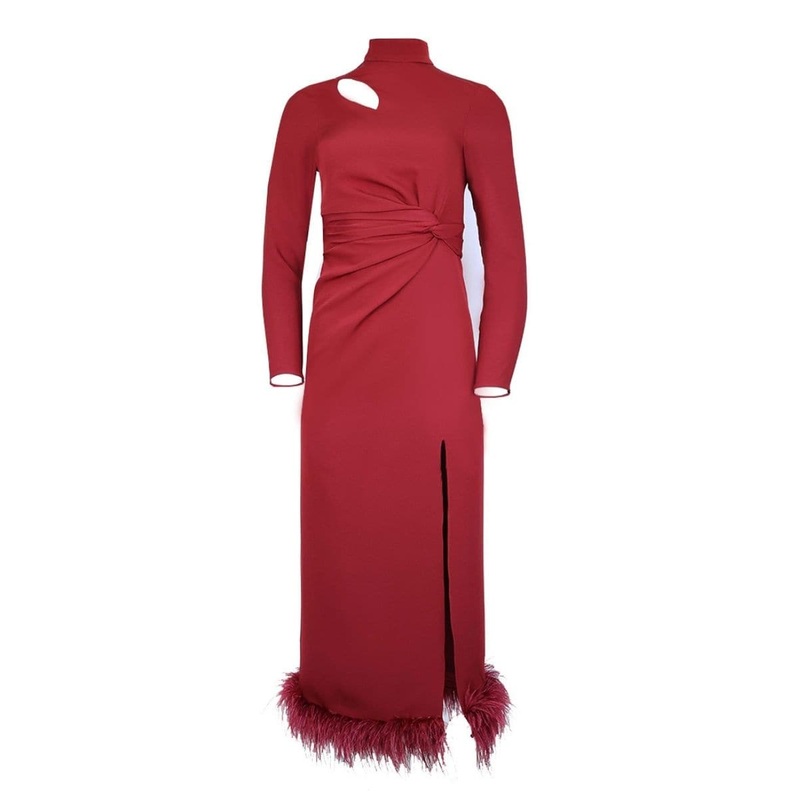 FULL SLEEVES TWIST KNOT HALTER NECK FEATHER MAXI DRESS