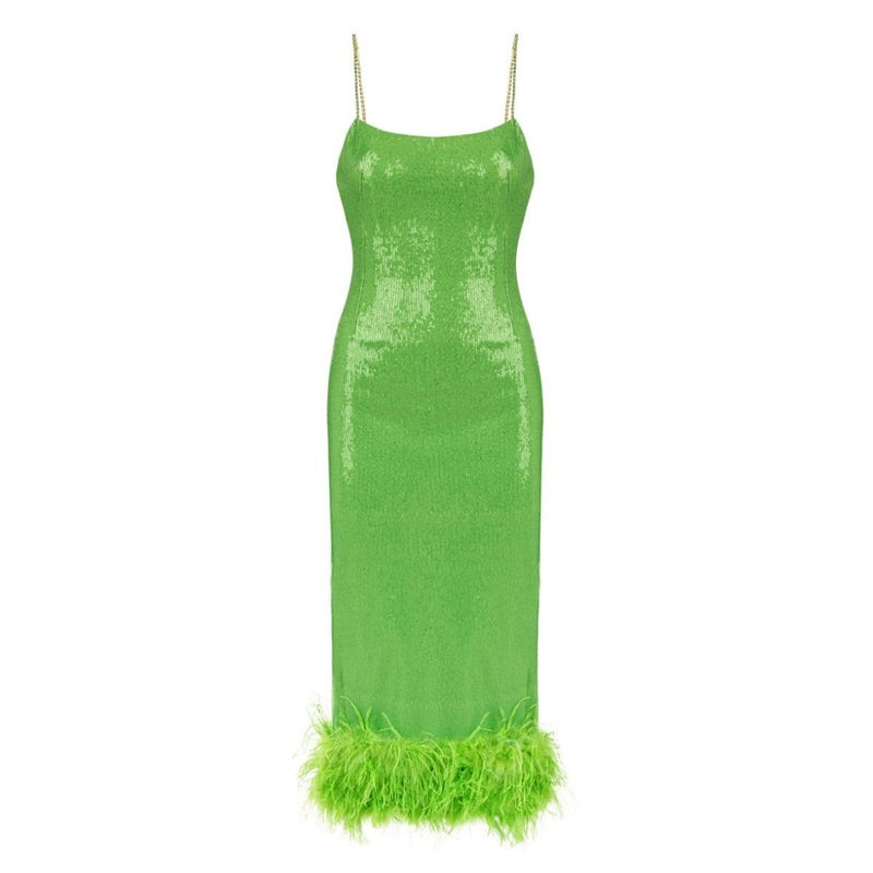 GREEN SEQUIN FEATHER-TRIMMED MIDI DRESS