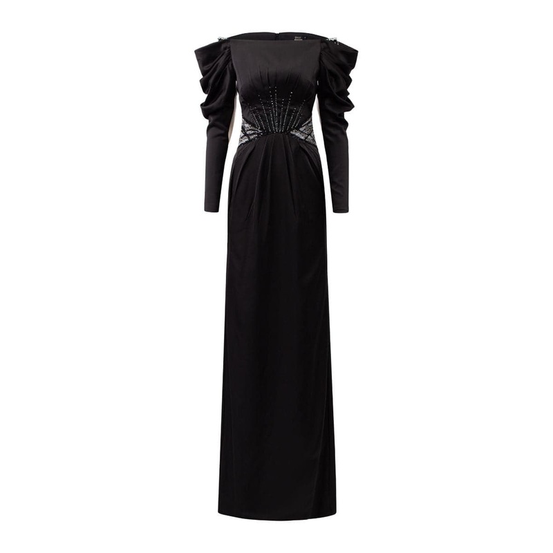 JULIANNA BLACK SILK SATIN DRAPED SLEEVES DRESS