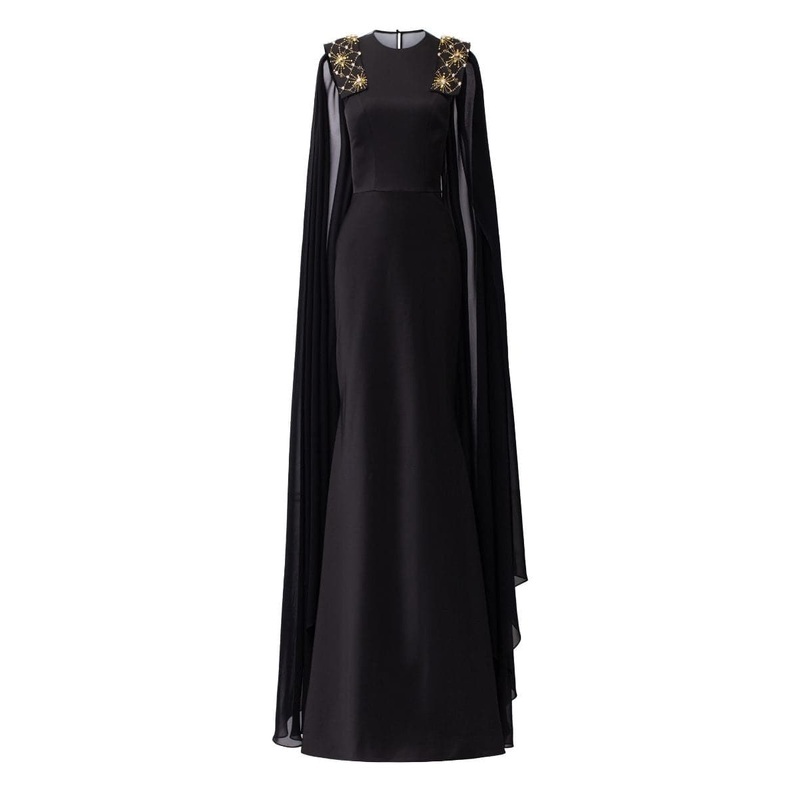 NATALIE BLACK TAFFETA CRYSTALS AT EPAULETTES DRESS