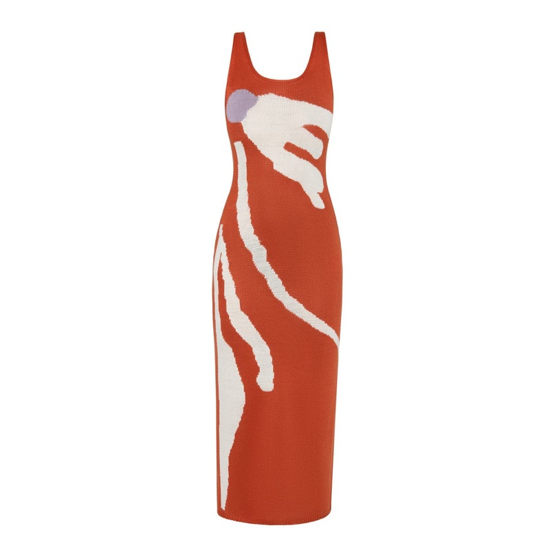 ORANGE KNITTED PRINT MIDI DRESS