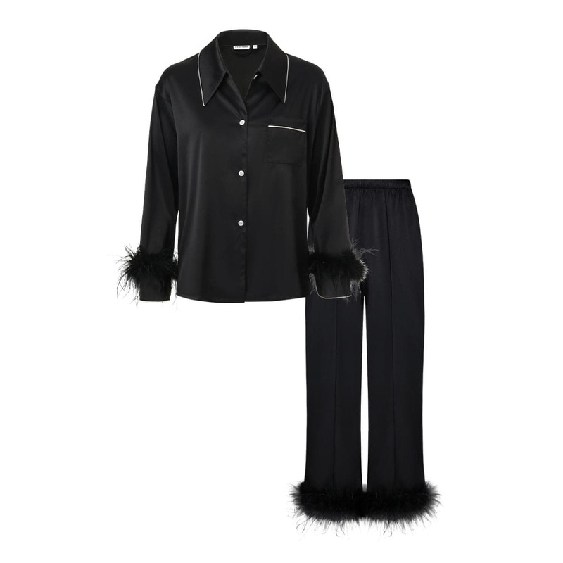RICH BLACK GLAM SILK PARTY PAJAMAS SET WITH FEATHERS