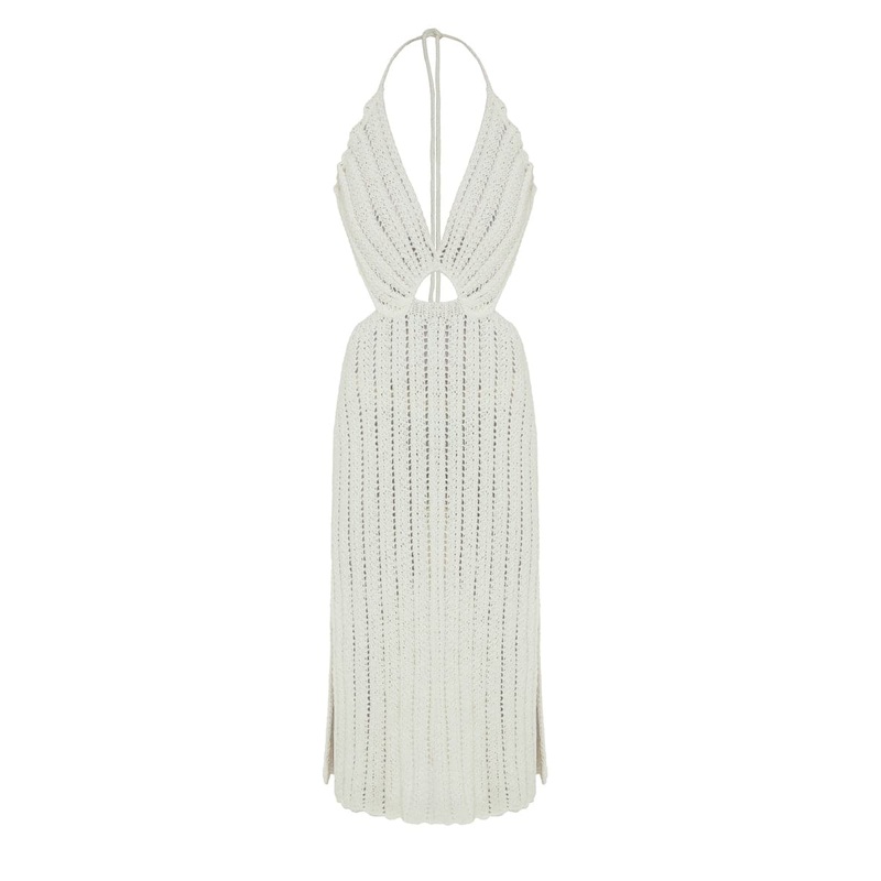 WHITE CROCHET TIE STRAP MIDI DRESS