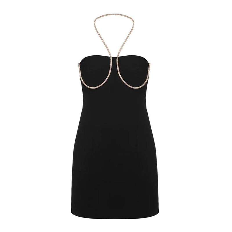 BLACK HALTERNECK MINI DRESS WITH GOLD DETAILING