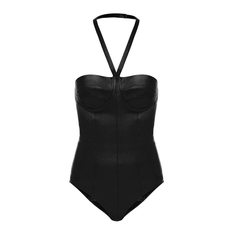 BLACK LEATHER HALTERNECK BODYSUIT