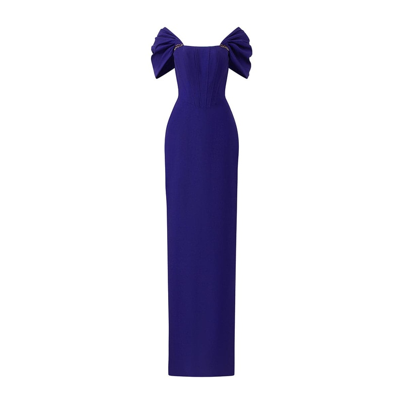 BUSTIER DRESS WITH OFF-SHOULDER SLEEVES