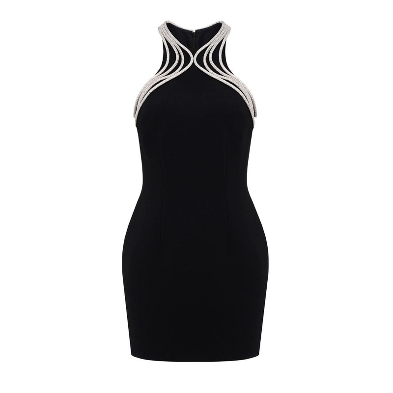EMBELLISHED HALTER BLACK MINI DRESS