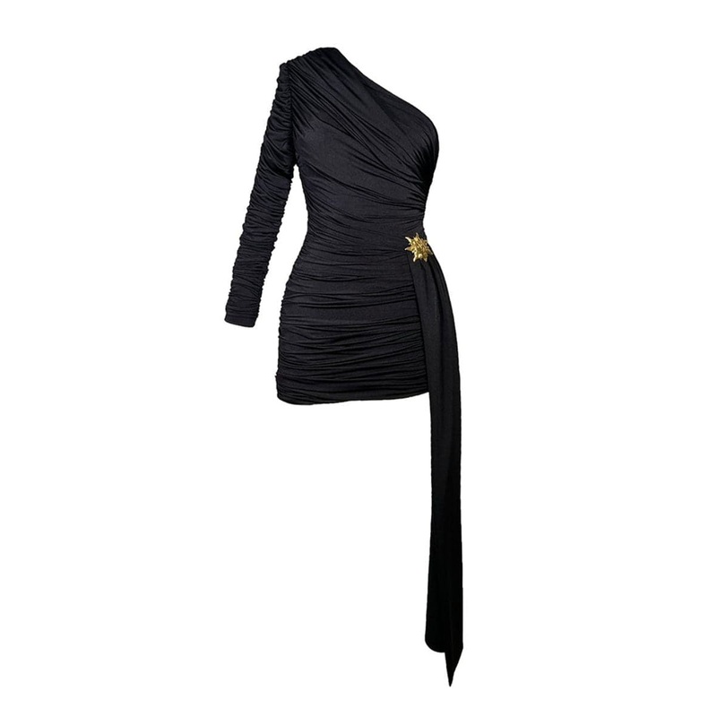 HELIOS BLACK ONE-SHOULDER MINI DRESS