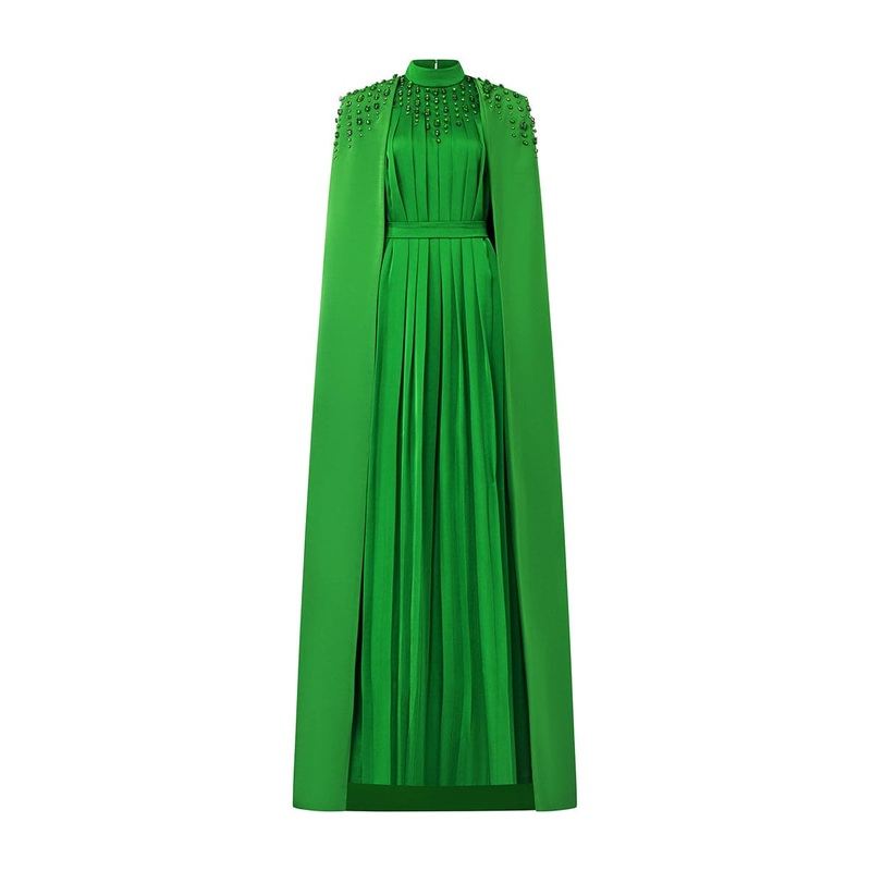 LONG PLEATED TRAPEZE DRESS WITH SHOULDER CAPE