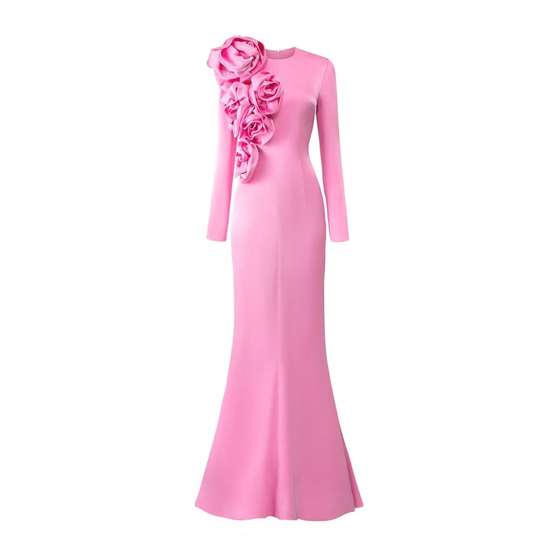 LONG SLEEVES DRESS WITH DRAPED ROSES DETAIL