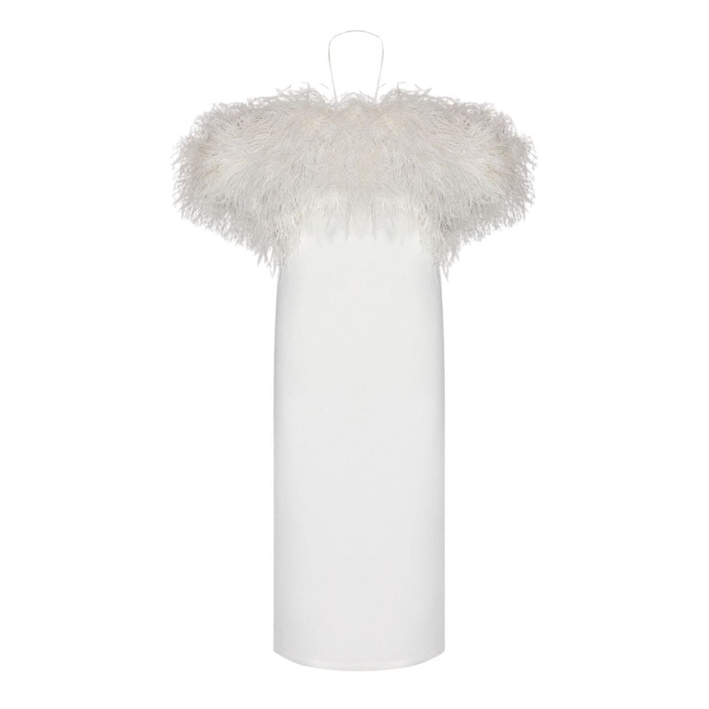 MONIQUE STRAPLESS WHITE FEATHER MIDI DRESS