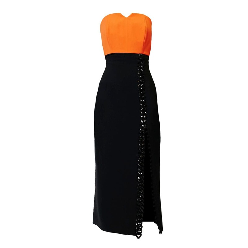 BICOLOR CHAIN-DETAILED MIDI DRESS