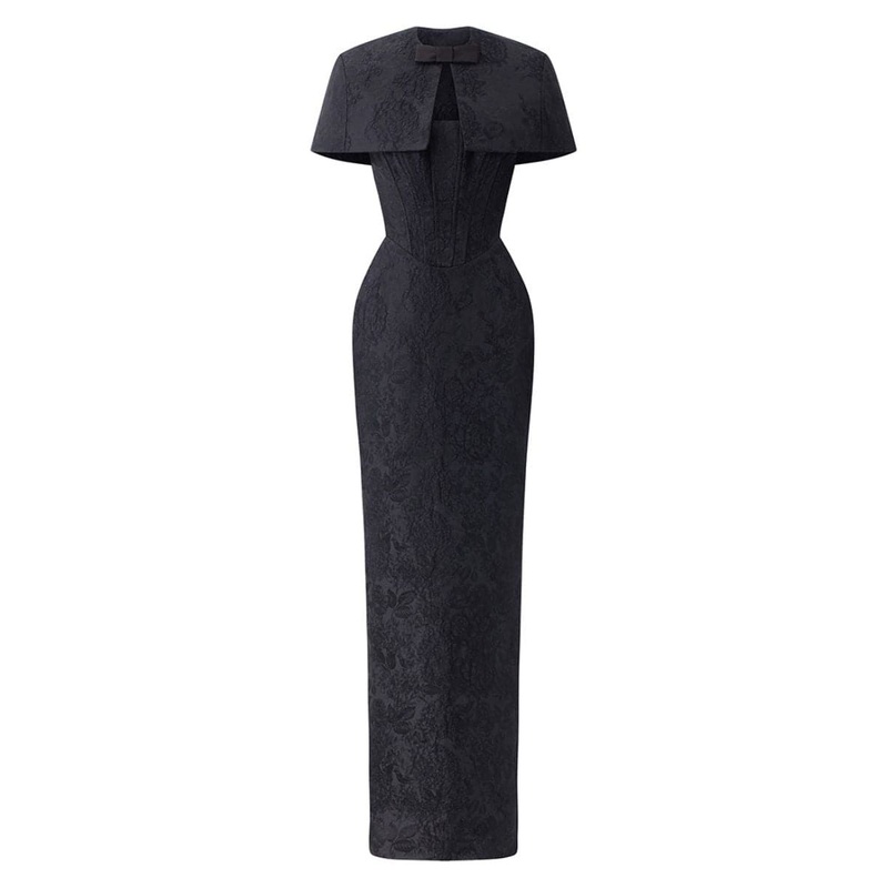 BLACK BUSTIER GOWN WITH MINI CAPE