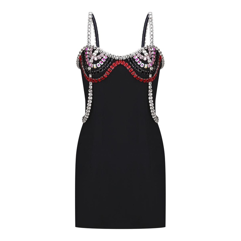 BLACK GEMSTONE EMBELLISHED MINI DRESS