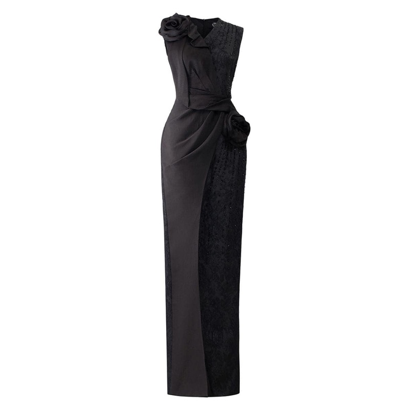 BLACK JACQUARD GOWN WITH DRAPED SATIN ROSES