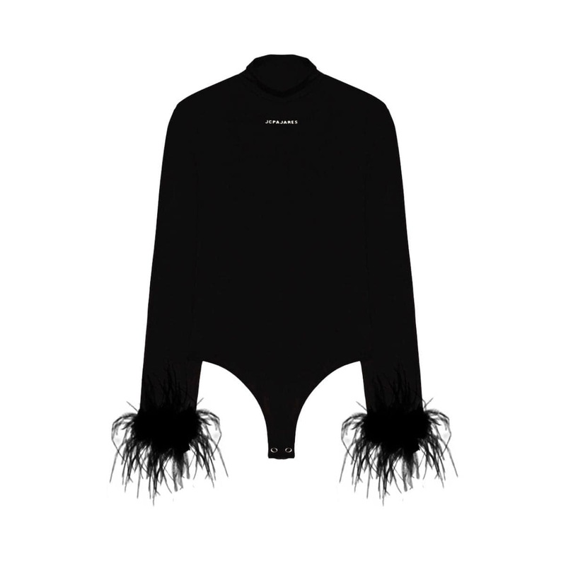 BLACK LONG SLEEVE FEATHER LOGO BODYSUIT