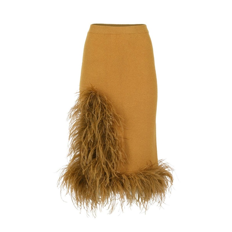 CAMEL KNIT SKIRT WITH FEATHER TRIM
