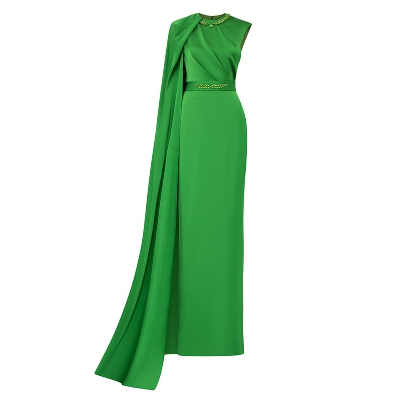 GREEN ONE-SHOULDER CAPE DRAPED SILK DRESS