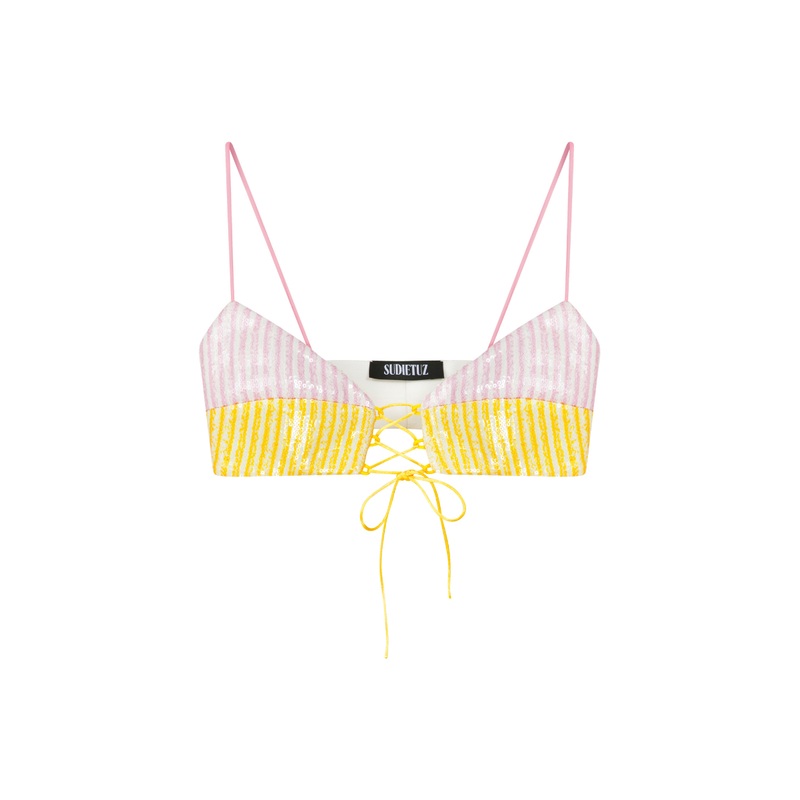 LACE UP FRONT SEQUIN BRA