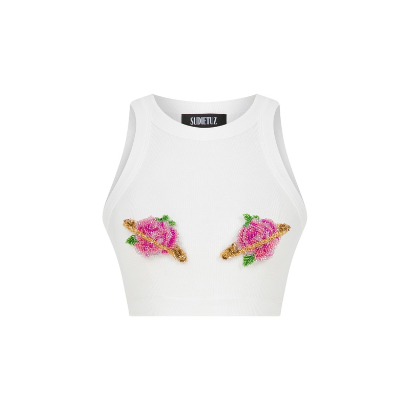 PINK CUT-OUT TOP WITH HANDMADE FLOWER ACCESSORY